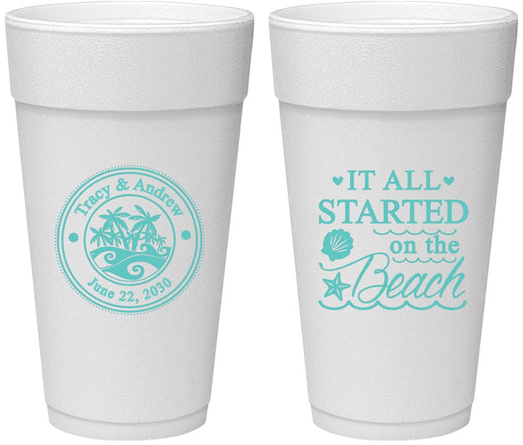 Personalized Wedding 24 oz Foam Cups - Started On The Beach | 362