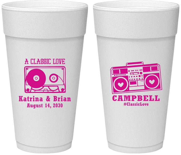 Personalized Wedding 24 oz Foam Cups - Class Love Cassette Tape | 389