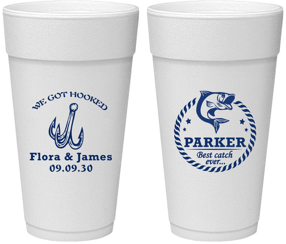 Personalized Wedding 24 oz Foam Cups - We Got Hooked Fish | 392