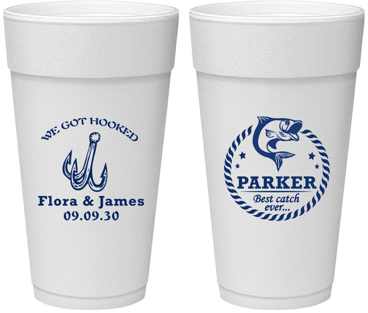 Personalized Wedding 24 oz Foam Cups - We Got Hooked Fish | 392