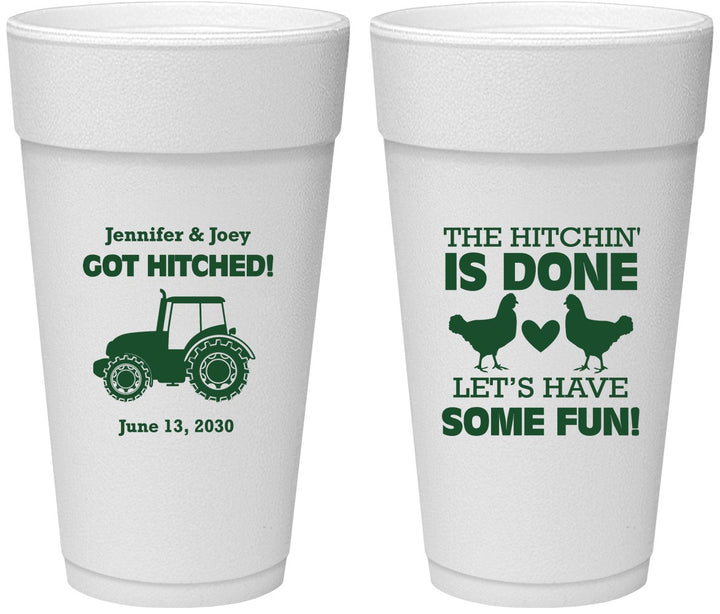 Personalized Wedding 24 oz Foam Cups - Got Hitched Tractor | 397