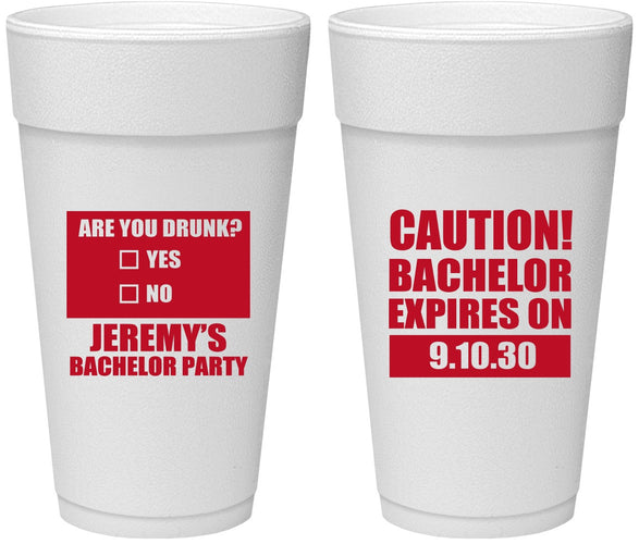 Personalized Bachelor Party 24 oz Foam Cups - Caution Expires On | 40012