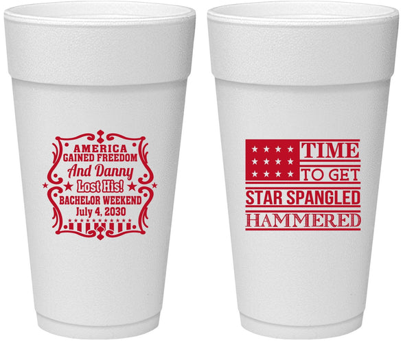 Personalized Bachelor Party 24 oz Foam Cups - Star Spangled Hammered | 40032