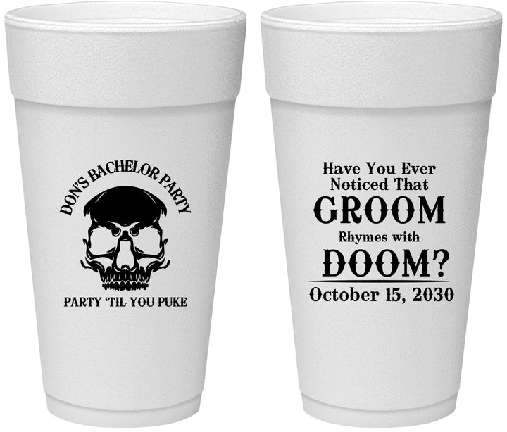 Personalized Bachelor Party 24 oz Foam Cups - Groom Doom Skull | 40041