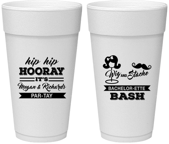 Personalized Bachelor Party 24 oz Foam Cups - Wig Or Stache | 40058