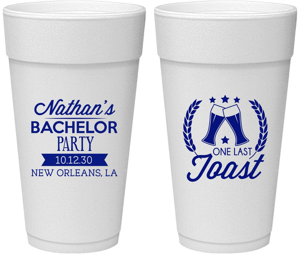 Personalized Bachelor Party 24 oz Foam Cups - One Last Toast | 40095