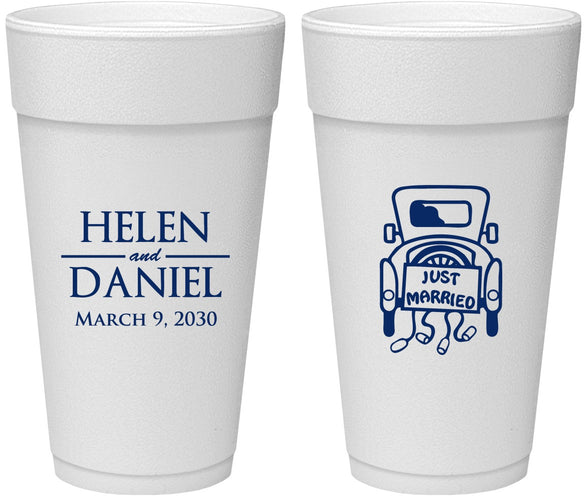 Personalized Wedding 24 oz Foam Cups - Just Married Old Car | 413