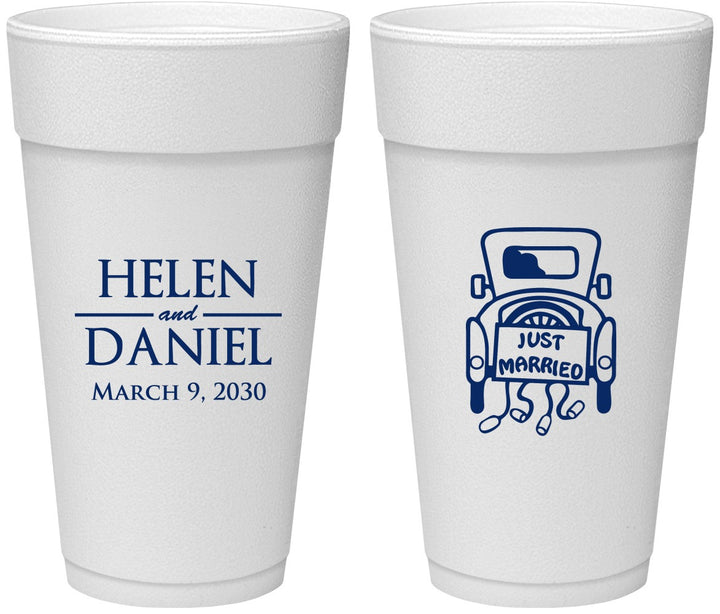 Personalized Wedding 24 oz Foam Cups - Just Married Old Car | 413