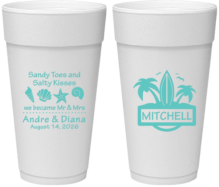 Personalized Wedding 24 oz Foam Cups - Sandy Toes Salty Kisses | 419