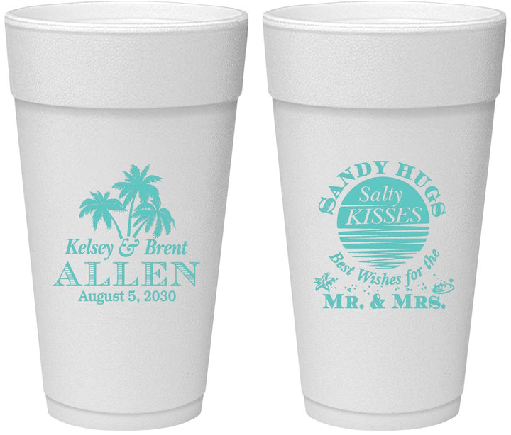 Personalized Wedding 24 oz Foam Cups - Sandy Hugs Salty Kisses | 425
