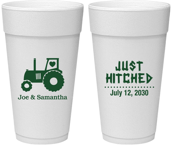 Personalized Wedding 24 oz Foam Cups - Just Hitched Tractor | 429