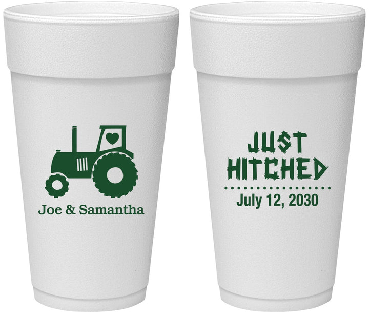 Personalized Wedding 24 oz Foam Cups - Just Hitched Tractor | 429