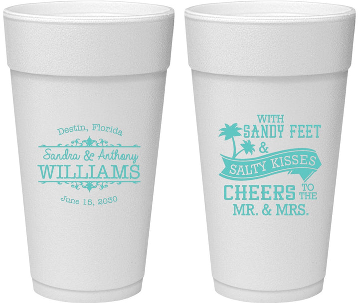 Personalized Wedding 24 oz Foam Cups - Sandy Feet Salty Kisses | 434
