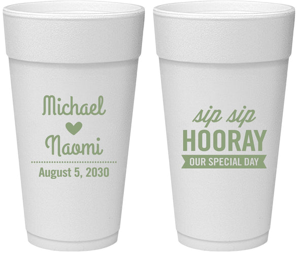 Personalized Wedding 24 oz Foam Cups - Sip Sip Hooray | 437