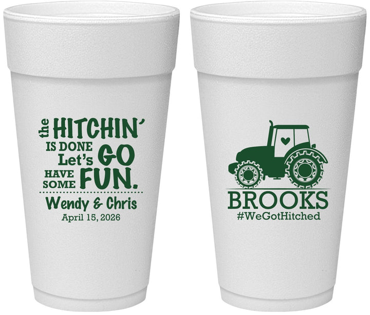 Personalized Wedding 24 oz Foam Cups - Tractor Hitchin | 448