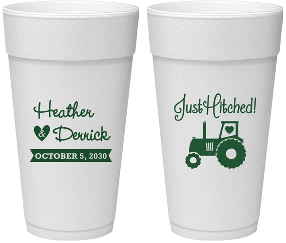 Personalized Wedding 24 oz Foam Cups - Just Hitched Tractor | 482