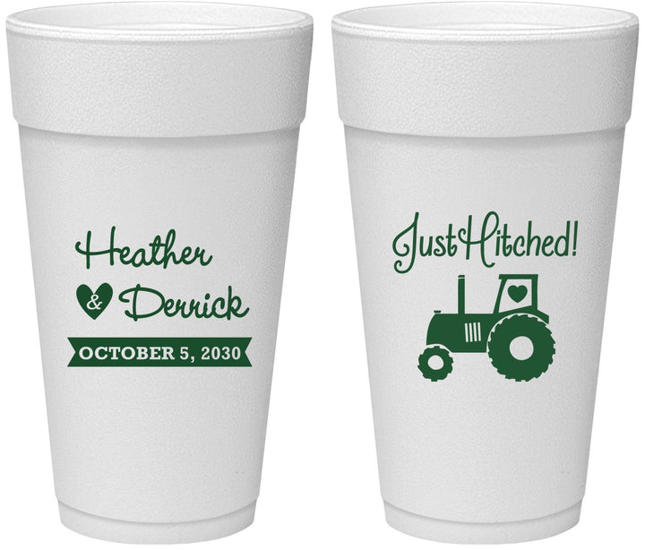 Personalized Wedding 24 oz Foam Cups - Just Hitched Tractor | 482