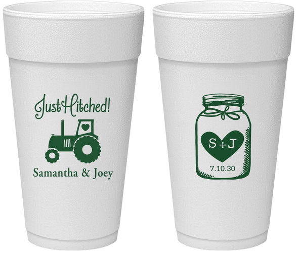 Personalized Wedding 24 oz Foam Cups - Just Hitched Mason Jar | 483