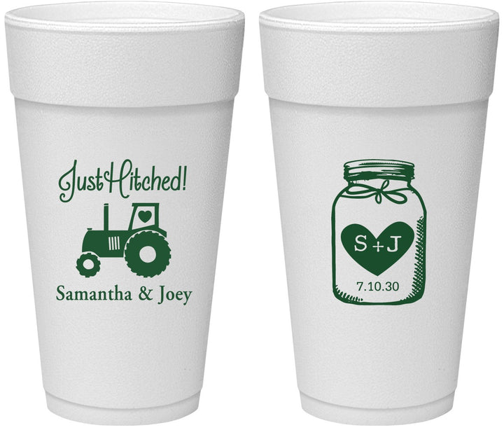 Personalized Wedding 24 oz Foam Cups - Just Hitched Mason Jar | 483