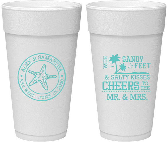 Personalized Wedding 24 oz Foam Cups - Sandy Feet Salty Kisses | 488