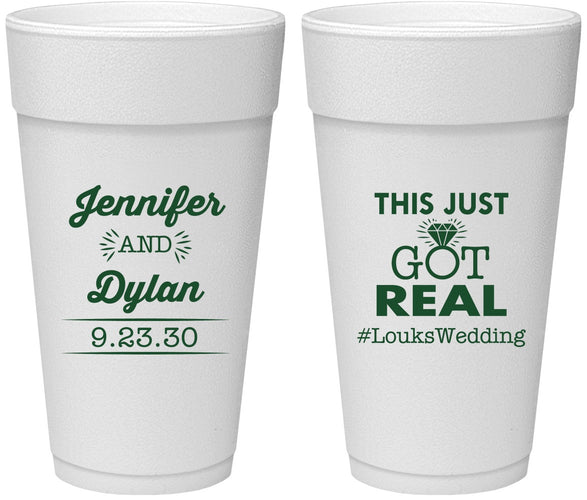 Personalized Wedding 24 oz Foam Cups - Just Got Real | 557