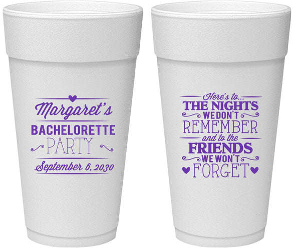 Personalized Bachelorette 24 oz Foam Cups - Nights Remember | 60034