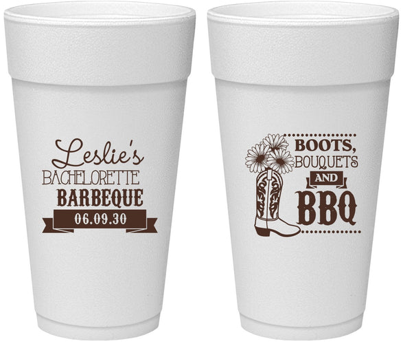Personalized Bachelorette 24 oz Foam Cups - Boots Bouquets Bbq | 60035