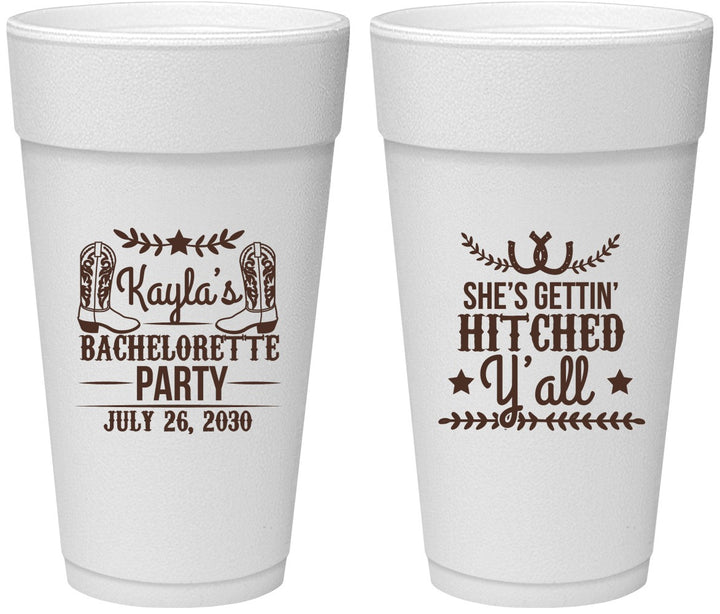 Personalized Bachelorette 24 oz Foam Cups - Getting Hitched Yall | 60047