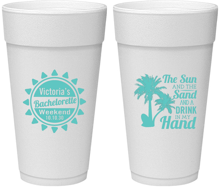 Personalized Bachelorette 24 oz Foam Cups - Sun Sand Drink Hand | 60114
