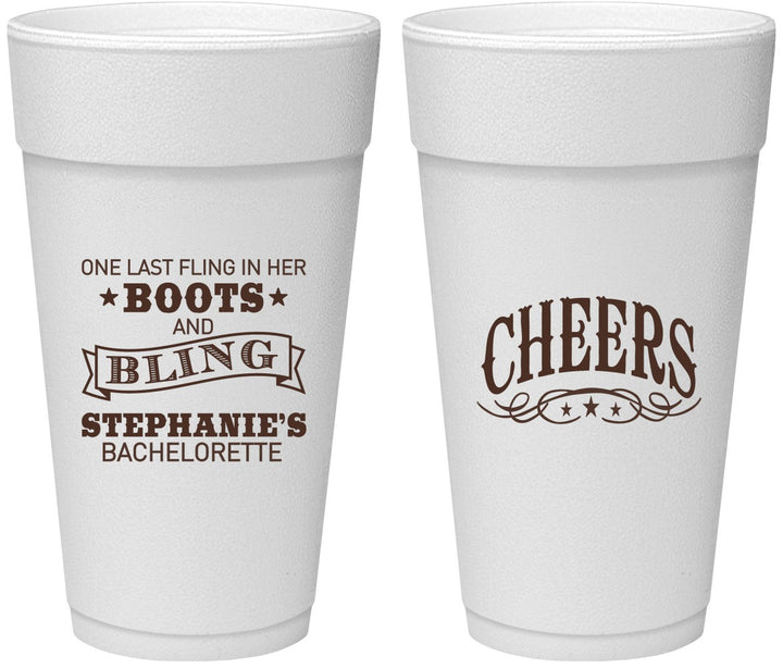 Personalized Bachelorette 24 oz Foam Cups - Boots And Bling | 60118