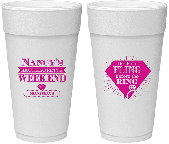Personalized Bachelorette 24 oz Foam Cups - Final Fling Before The Ring | 60129
