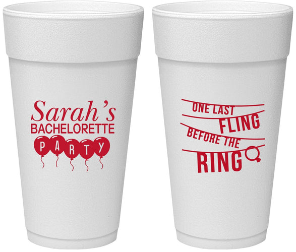Personalized Bachelorette 24 oz Foam Cups - Last Fling Before Rings | 60140