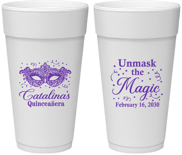 Personalized Quinceanera 24 oz Foam Cups - Mardi Gras Quince | 70010