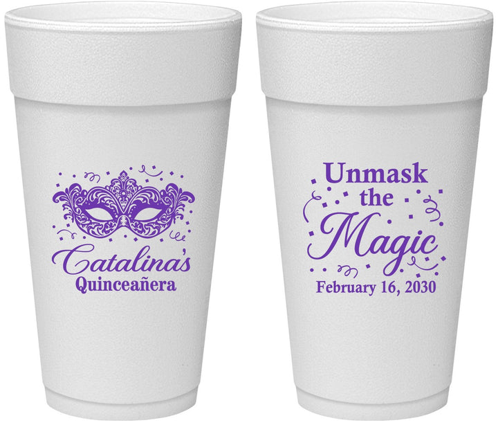 Personalized Quinceanera 24 oz Foam Cups - Mardi Gras Quince | 70010