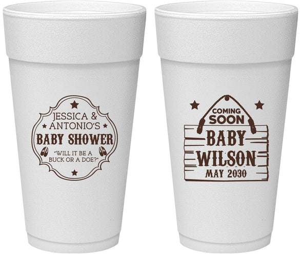 Personalized Baby Shower 24 oz Foam Cups - Gender Reveal Buck Or Doe | 90002