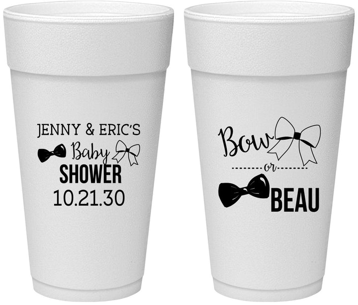 Personalized Baby Shower 24 oz Foam Cups - Gender Reveal Bow Or Beau | 90004