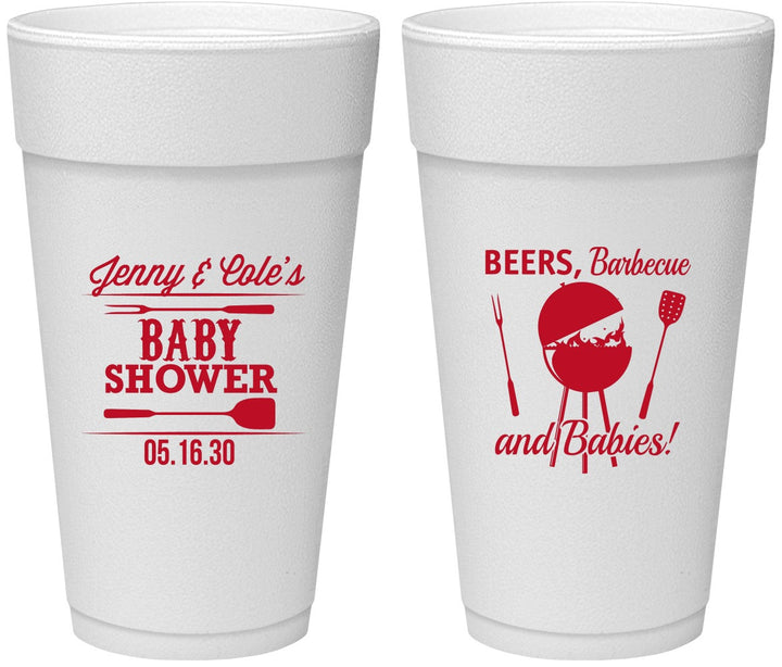 Personalized Baby Shower 24 oz Foam Cups - Beers Bbq Babies | 90006