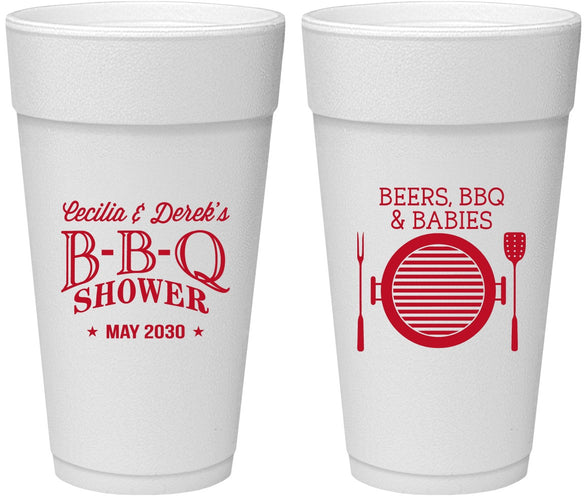 Personalized Baby Shower 24 oz Foam Cups - Beers Bbq Babies | 90007