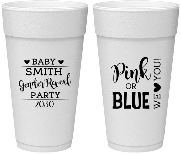 Personalized Baby Shower 24 oz Foam Cups - Gender Reveal Pink Or Blue | 90012