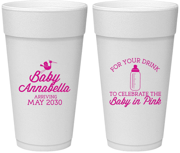 Personalized Baby Shower 24 oz Foam Cups - Drink Baby In Pink | 90014