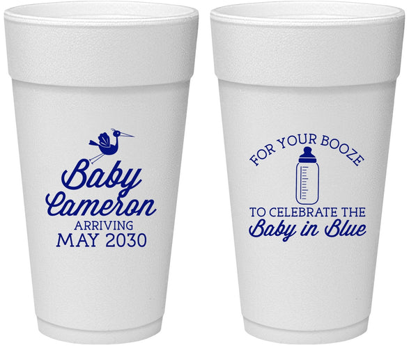Personalized Baby Shower 24 oz Foam Cups - Booze Baby In Blue | 90015