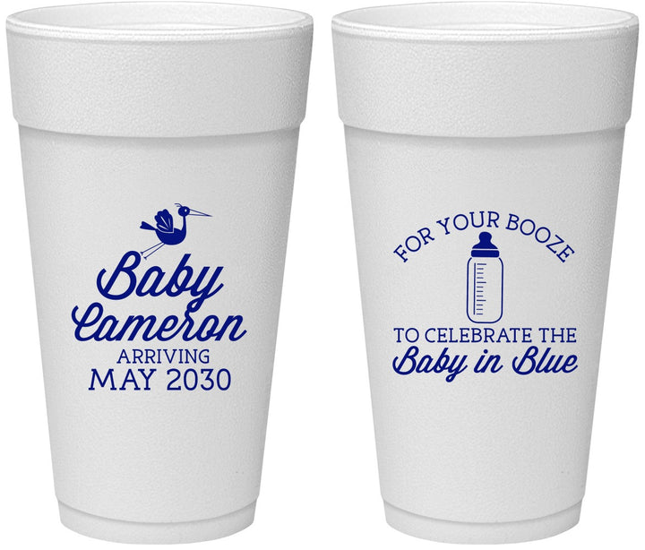 Personalized Baby Shower 24 oz Foam Cups - Booze Baby In Blue | 90015