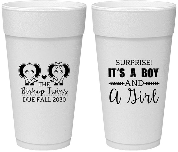 Personalized Baby Shower 24 oz Foam Cups - Twins Boy And Girl | 90026