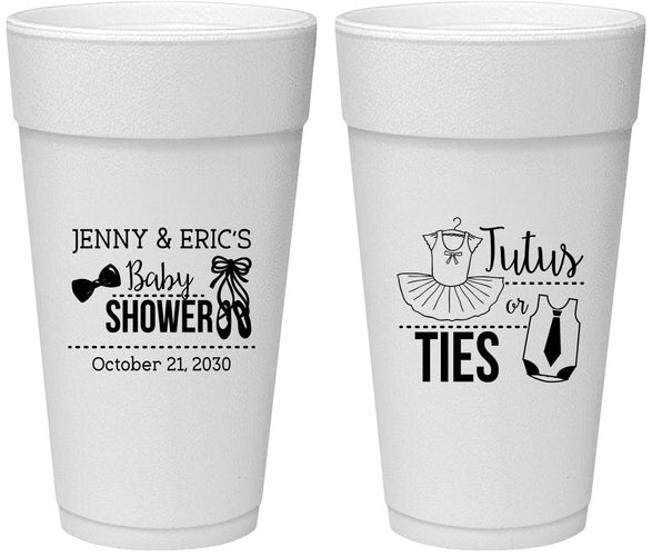 Personalized Baby Shower 24 oz Foam Cups - Gender Reveal Tutus Or Ties | 90033