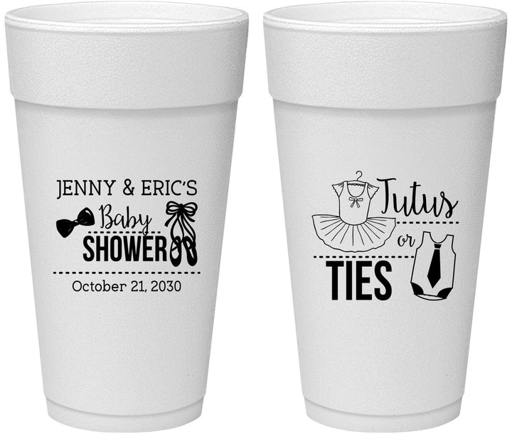Personalized Baby Shower 24 oz Foam Cups - Gender Reveal Tutus Or Ties | 90033