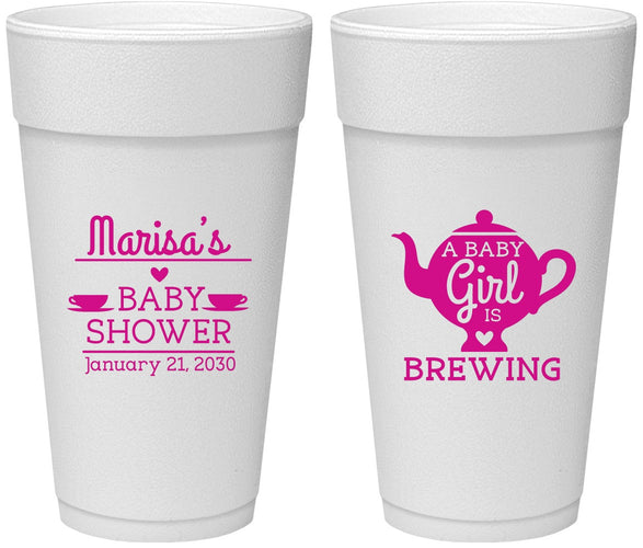 Personalized Baby Shower 24 oz Foam Cups - Baby Girl Is Brewing | 90034