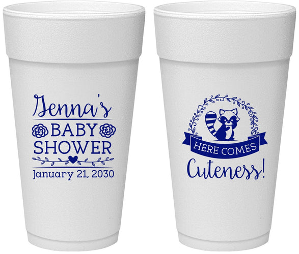 Personalized Baby Shower 24 oz Foam Cups - Racoon Cuteness | 90037