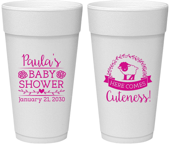 Personalized Baby Shower 24 oz Foam Cups - Lamb Cuteness | 90038