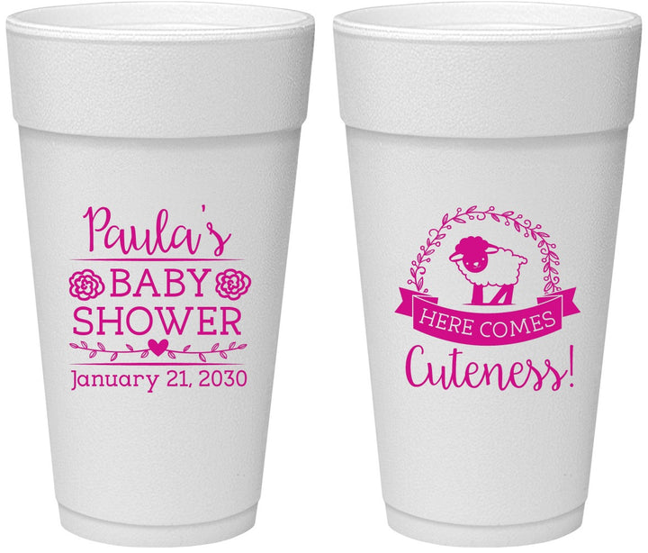 Personalized Baby Shower 24 oz Foam Cups - Lamb Cuteness | 90038
