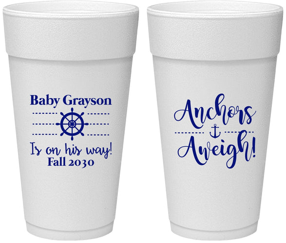 Personalized Baby Shower 24 oz Foam Cups - Nautical Anchors Aweigh | 90054